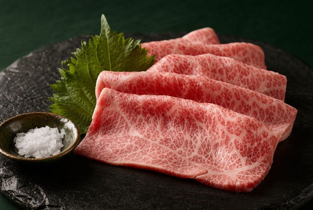 Mermer yağ dokulu wagyu dilimleri, siyah taş tabakta — Sora Japanese Dining Bursa